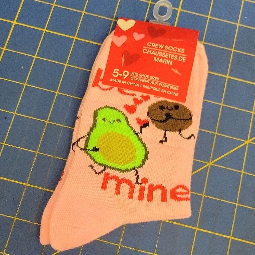 Pink Crew Socks with Avocado and Heart Design
